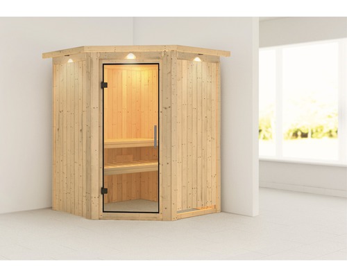Ecksauna mit Glastür und Innenbeleuchtung
