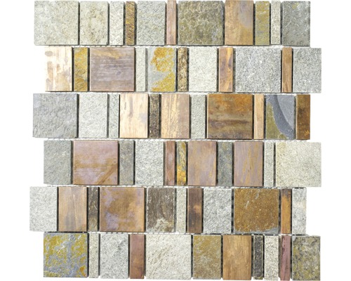 Natursteinmosaik XSA 585 30,0x30,0 cm kupfer mix Mosaikfliese aus Naturstein mit rechteckigen und quadratischen Elementen