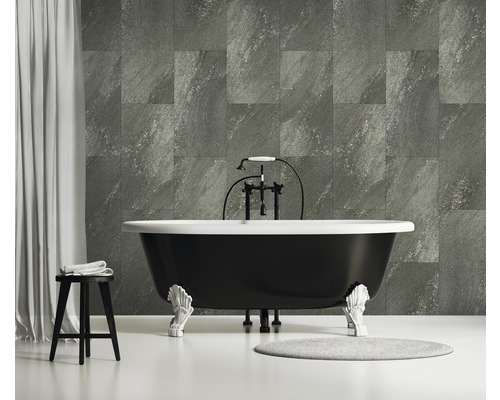 Kunststoffpaneel GX Wall+ Dark Stone 5x300x600 mm Badezimmer mit freistehender Badewanne, Hocker und Wandfliesen