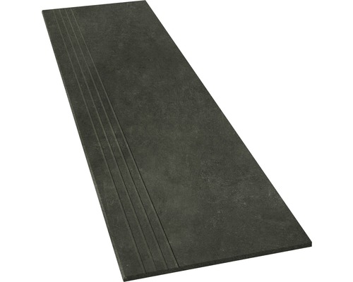 Feinsteinzeug Stufenfliese HOMEtek black 30x120 cm schwarz matt Dunkle Trittstufe mit Rillenprofil für Treppen