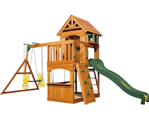 Spielturm aus Holz mit Schaukel, Rutsche und Kletterwand für den Garten