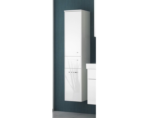 Midischrank Pelipal Carina 141x30x30 cm weiß glänzend zerlegt mit Glaseinlegeböden Weißer Badezimmer Hochschrank mit Schubladen