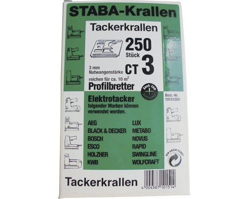 Staba Krallen Tackerkrallen, 250 Stück, CT 3, 3 mm Nutwangenstärke, geeignet für Profilbretter und Elektrotacker verschiedener Marken