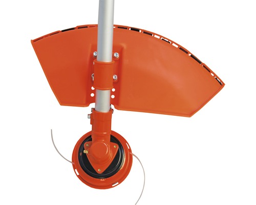 Detailansicht eines Rasentrimmers mit Schutzvorrichtung und Schneidfaden