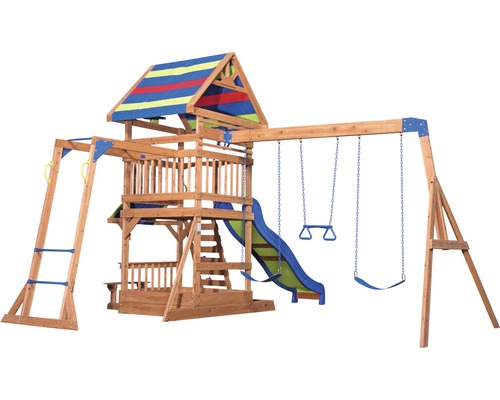 Spielplatz mit Schaukel, Rutsche und Klettergerüst aus Holz