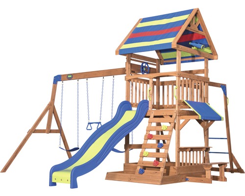 Spielplatz mit Schaukel, Rutsche und Kletterwand für den Garten