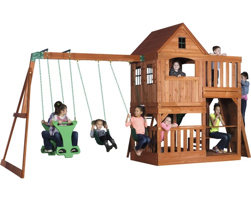 Spielplatz mit Schaukeln, Spielhaus und Kindern