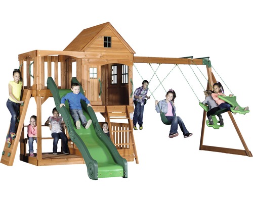 Holzspielhaus mit Rutsche und Schaukel für Kinder im Garten