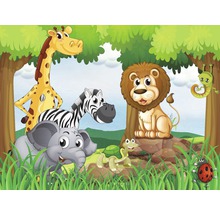 Illustration von Tieren im Wald, darunter Giraffe, Zebra, Löwe, Elefant, Schildkröte, Raupe und Marienkäfer