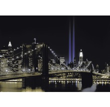 Illuminierte Skyline von New York mit Brücke und Gedenkbeleuchtung in der Nacht