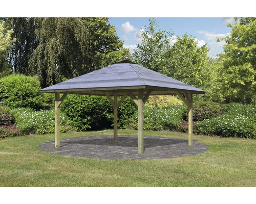 Gartenpavillon mit Holzrahmen und Dachpappe im Garten