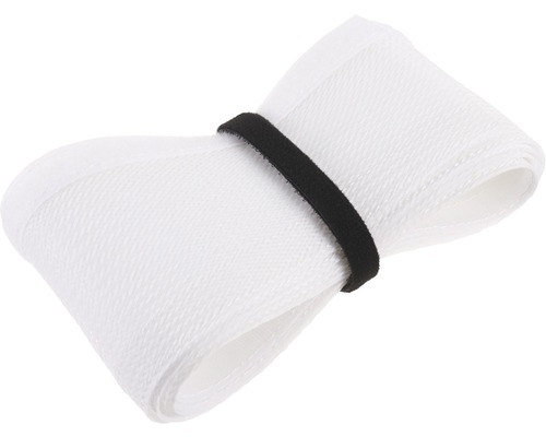 Weißes Abdichtband aufgerollt und mit schwarzem Band fixiert.