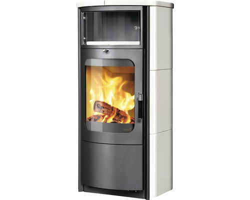 Kaminofen Hark Opera-B Keramik weiß 7 kW mit Wärmefach Kaminofen mit Holzbefeuerung und Sichtfenster