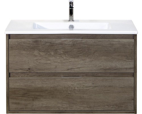 Waschbeckenunterschrank Sanox Porto 57x91x51 cm mit Keramikwaschbecken Nebraska Eiche Waschtischunterschrank mit zwei Schubladen, Waschbecken und Armatur