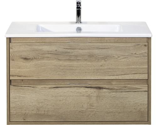 Waschbeckenunterschrank Sanox Porto 57x91x51 cm mit Keramikwaschbecken Eiche natur Waschtischunterschrank mit zwei Schubladen und Keramikwaschbecken