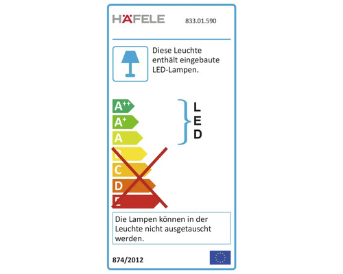 Energieeffizienzlabel mit Informationen zur Lampe mit eingebauten LED Lampen und nicht austauschbaren Leuchtmitteln