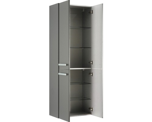 Grauer Bad-Hochschrank mit offenen Türen und Glasböden