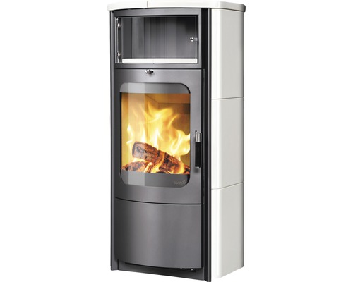 Kaminofen Hark Opera-B Keramik weiß 5 kW mit Wärmefach Kaminofen mit Brennholz hinter Glas