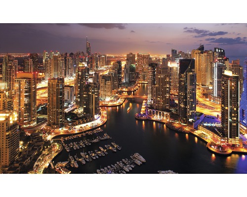Fototapete Papier 1671 P4 Wolkenkratzer Dubai 2-tlg. 254 x 184 cm Nachtansicht von Dubai mit Stadtbild, Wasser und Booten