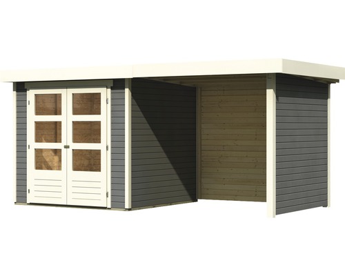 Holzgartenhaus mit Doppeltür und Anbau