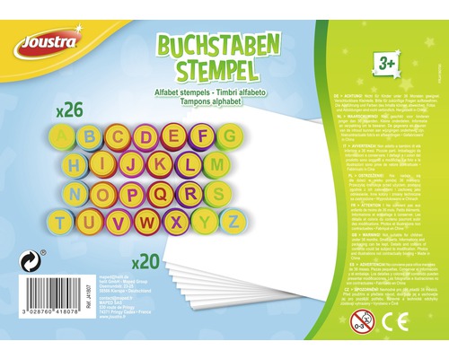 Joustra Buchstaben Stempel Set mit 26 Stempeln und 20 Blatt Papier