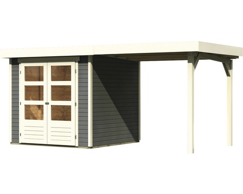 Holzgartenhaus mit Doppeltür und Anbau