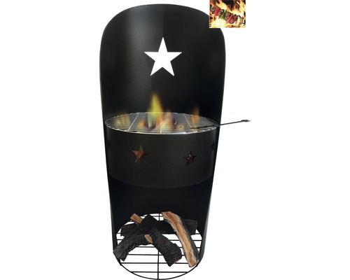 Gartengrillkamin mit Sternmuster und Holzlager
