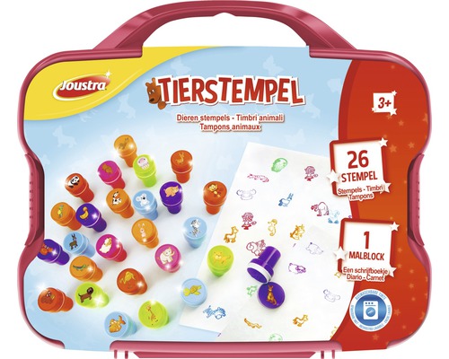 Joustra Tierstempel Set mit 26 Stempeln und einem Malblock in einer Aufbewahrungsbox