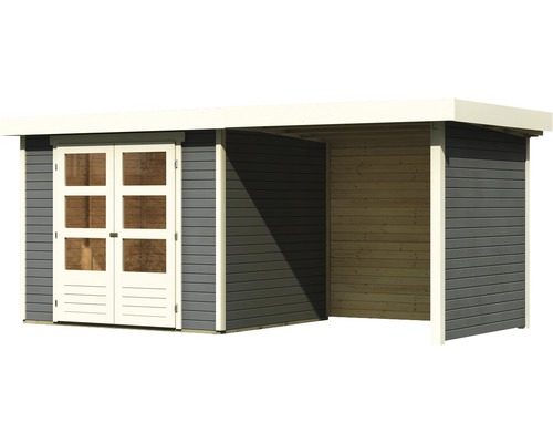 Holzgartenhaus mit Doppeltür und Anbau