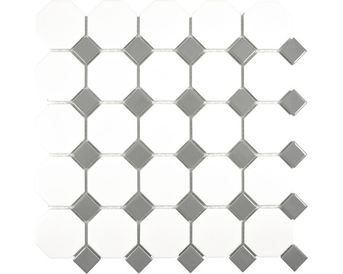 Keramikmosaik Octag 29,5x29,5 cm weiß grau glänzend Mosaikfliese mit achteckigen und quadratischen Elementen