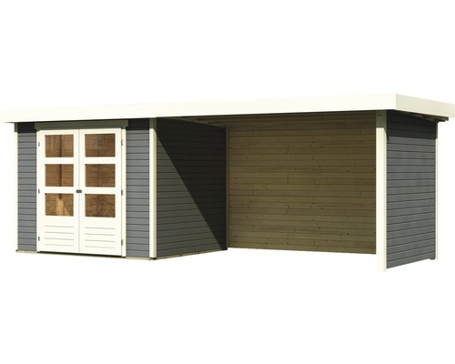 Holzgartenhaus mit Doppeltür und Anbau