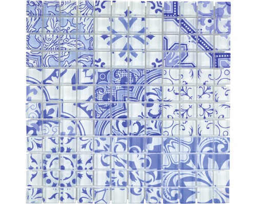 Glasmosaik Crystal XCM 8OP33 30,0x30,0 cm weiß blau Mosaikmatte mit blau-weißen Mustern