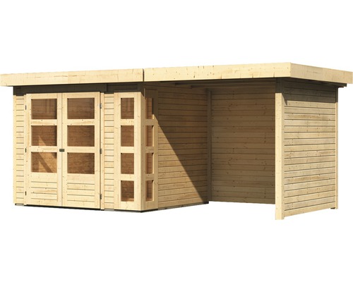 Holzgartenhaus mit Doppeltür und Anbau