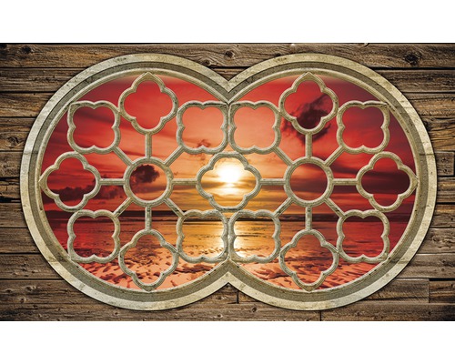 Fototapete Papier 2061 P4 Fenster Sonnenuntergang 2-tlg. 254 x 184 cm Dekoratives Fenster mit Sonnenuntergang Motiv vor Holzwand