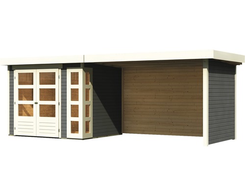 Gartenhaus mit Doppeltür und seitlichem Anbau aus Holz