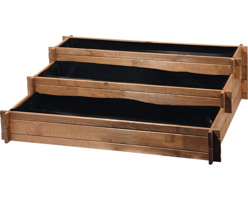 Dreistufiger Pflanzkasten aus Holz mit Pflanzfolie
