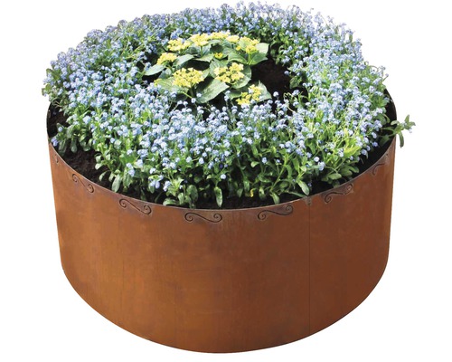 Blumenbeet mit Stahlumrandung und blühenden Pflanzen Blumenbeet mit Stahlumrandung und blühenden Pflanzen