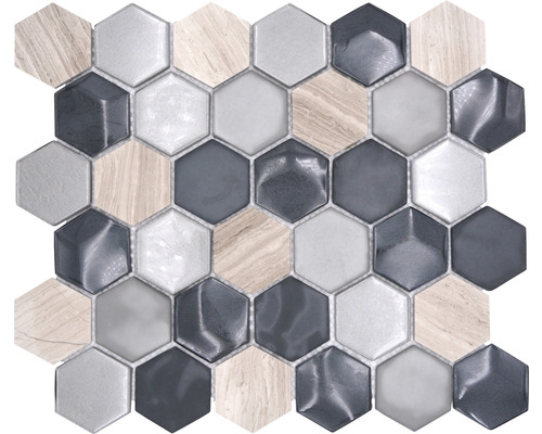 Glasmosaik mit Naturstein Crystal HXN 22 30,0x26,0 cm grau Sechseckiges Mosaik aus Glas und Holz