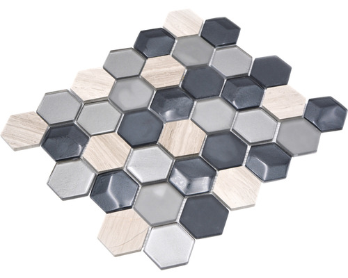 Sechseckiges Mosaikfliesenmuster aus Glas und Stein