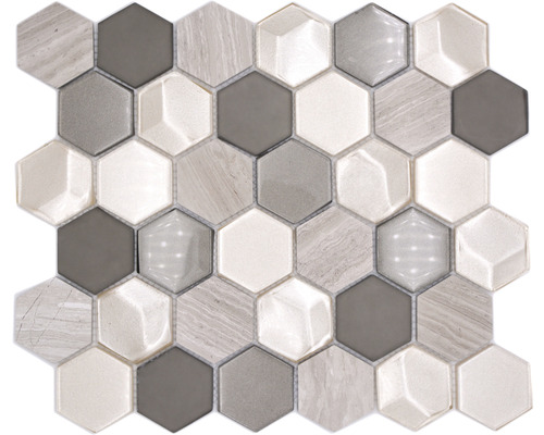Glasmosaik mit Naturstein HXN 44 30,0x26,0 cm grau Mosaikfliese mit sechseckigem Muster