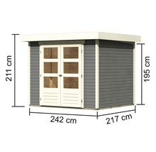 Gartenhaus aus Holz mit Abmessungen 211 cm Höhe, 242 cm Breite und 217 cm Tiefe
