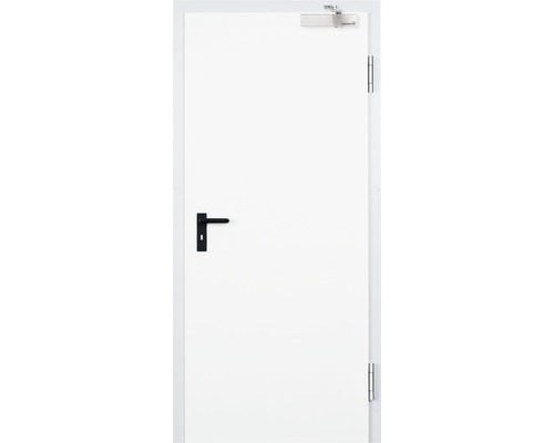 BrandschutztürPRESTIGE UT691 mit Eck-Dübelzarge, EI290 1000x2025 mm rechts Weiße Tür mit schwarzem Türgriff und silberfarbenen Beschlägen