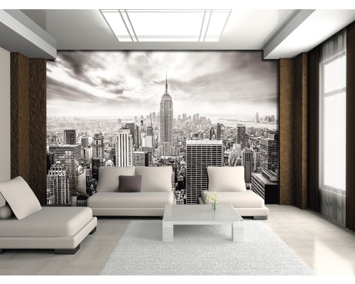 Wohnzimmer mit Fototapete New York Skyline in Schwarzweiß