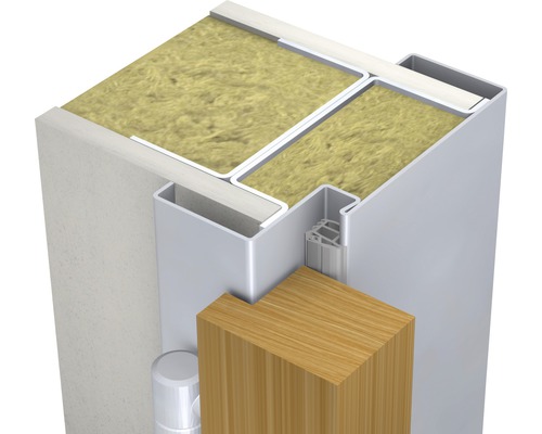 Stahlzarge für Ständerwand ohne Bodeneinstand Z145 75x800x2000 mm Detailansicht einer Türkonstruktion mit Dämmung und Metallrahmen