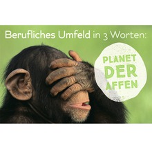 Ein Schimpanse hält sich die Augen zu. Aufschrift: Berufliches Umfeld in 3 Worten: Planet der Affen.