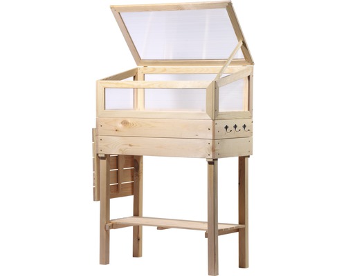 Hochbeet aus Holz mit geöffnetem Deckel und Ablagefläche