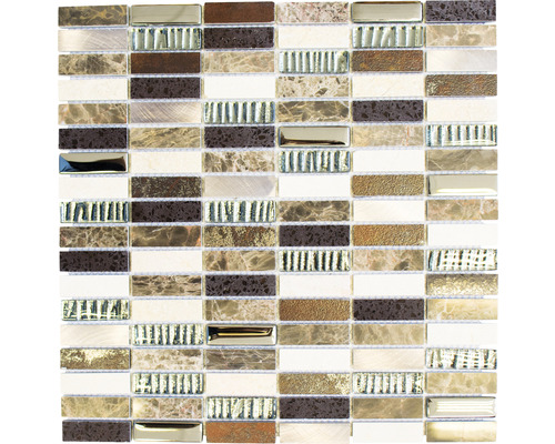 Glasmosaik mit Naturstein XCM SM48 29,8x30,4 cm braun Mosaikfliese mit rechteckigen Steinen aus Glas und Naturstein