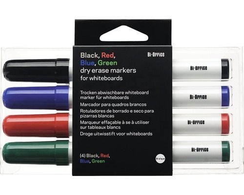 Vier Whiteboardmarker in Schwarz, Rot, Blau und Grün in einer Verpackung