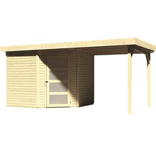 Holzgartenhaus mit Vordach und Tür mit Glaseinsätzen
