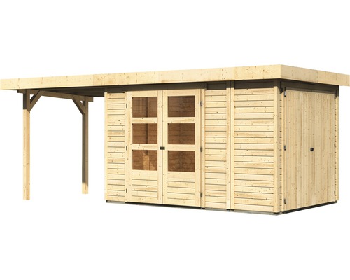 Holzgartenhaus mit Anbau und Doppeltür mit Fenstern